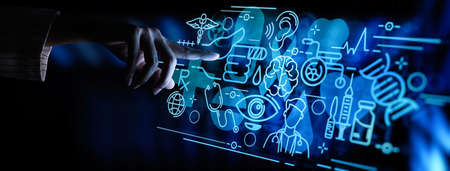 Health care and medical services concept with Ui and AR interface by female doctor hand using...