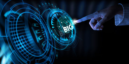 Big data world and globe icon ui with hand selecting and pressing Big Data symbol and modern interface.の写真素材