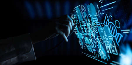Health care and medical services concept with Ui and AR interface by female doctor hand using...