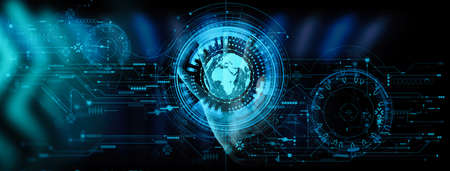 Hand working with the earth with network line with point on the star and world modern UI with Internet Network concept.の写真素材