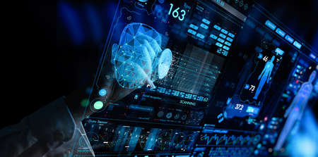 Medicine doctor and stethoscope in hand touching Ui and icon future of medical technology.の写真素材
