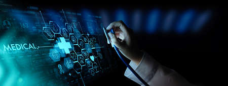Medicine doctor hand with stethoscope working with icon medical treatment on virtual screen...