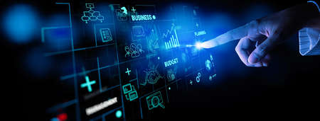 Project manager hand and management skills on computer Ui with icons of planning schedule of tasks...