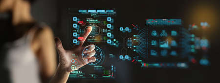 businesswoman hand working with Business data analytics process management with KPI financial charts...