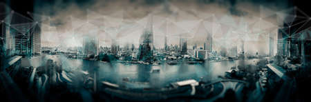 Wireless network and Connection technology concept with Abstract Bangkok city background in panorama...