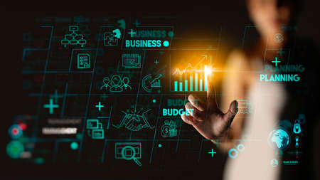 Project manager hand and management skills on computer Ui with icons of planning schedule of tasks...