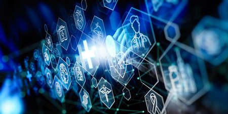 Medicine doctor and stethoscope in hand touching Ui and icon future of medical technology.の写真素材