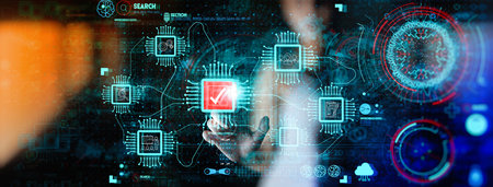Hand touching with Data Management System (DMS) and Business Analytics concept with servers...