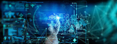 Health care and medical services concept with Ui and AR interface by female doctor hand using...