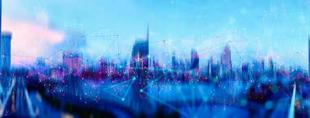 Wireless network and Connection technology concept with Abstract Bangkok city background in panorama viewの写真素材
