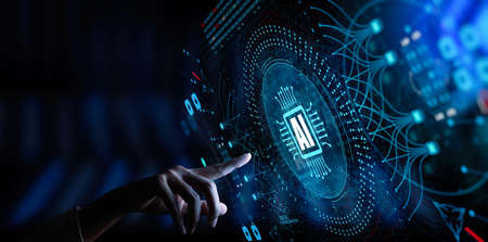 Artificial intelligence (AI) with machine deep learning and data mining and another modern computer technologies UI by hand touching CPU icon.の写真素材