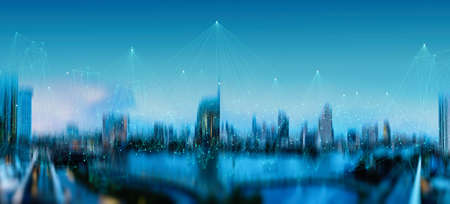 Wireless network and Connection technology concept with Abstract Bangkok city background in panorama viewの写真素材