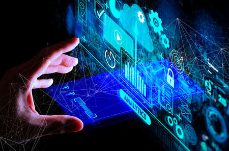 Hand touching Business data analytics process management with KPI financial charts and graph and automated marketing dashboard.の写真素材