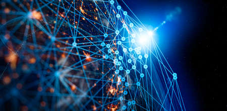 Communication technology for internet business. Global world network and telecommunication on earth cryptocurrency and blockchain and IoT. Elements of this image furnished by NASAの写真素材