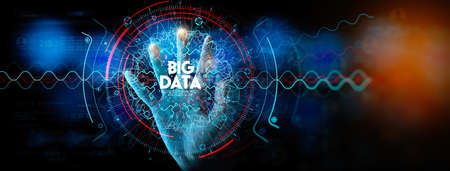 Big data in HUD and icon ui with hand selecting and pressing Big Data symbol and modern interface.の写真素材