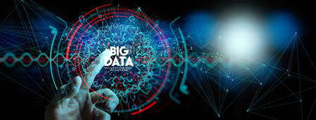 Big data in HUD and icon ui with hand selecting and pressing Big Data symbol and modern interface.の写真素材