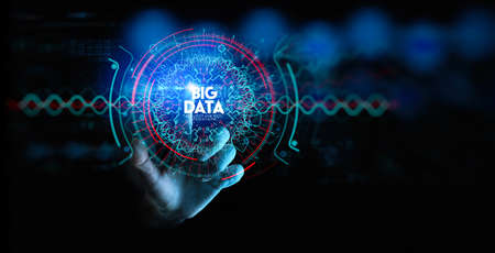 Big data in HUD and icon ui with hand selecting and pressing Big Data symbol and modern interface.
