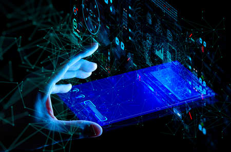 hand working with Business data analytics process management with KPI financial charts and graph marketing dashboard.の写真素材