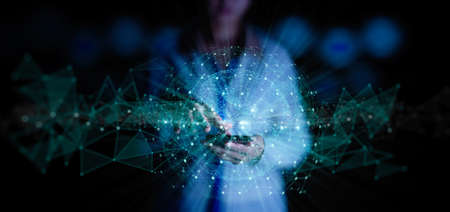 Hand touching Telecommunication network and wireless mobile internet technology with 5G LTE data connection of global business, fintech, blockchain.の写真素材