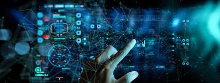 hand working with Business data analytics process management with KPI financial charts and graph...