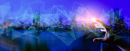 Woman hand touching Wireless network and Connection technology elements covering on Abstract...