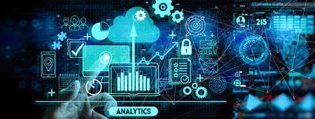 Hand touching Business data analytics process management with KPI financial charts and graph and...