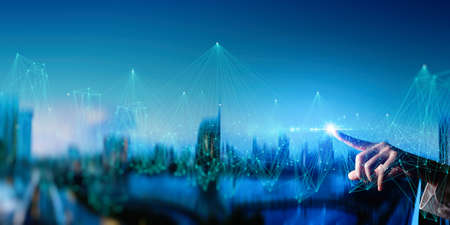 Woman hand touching Wireless network and Connection technology elements covering on Abstract...