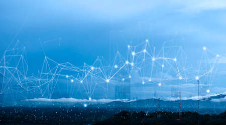 Wireless network and Connection technology concept with Abstract Bangkok city and landscape backgroundの写真素材