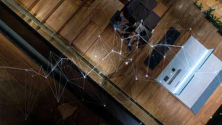 Wireless network and Connection technology concept with Abstract Bangkok city background in panorama viewの写真素材