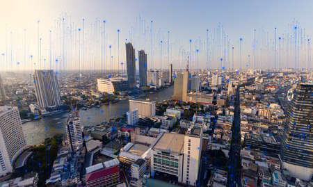 Wireless network and Connection technology concept with Abstract Bangkok city background