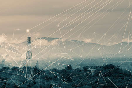 Wireless network and Connection technology concept with Abstract Bangkok city and mountain landscape...