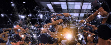 Future factory concept with automation robot arms machine in intelligent factory industrial on real...