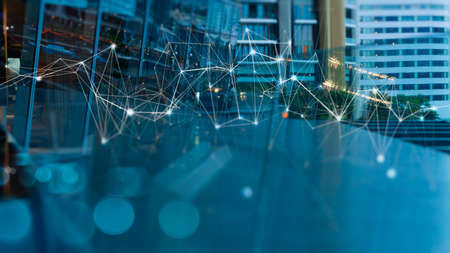 Wireless network and Connection technology concept with Abstract buildings and city background