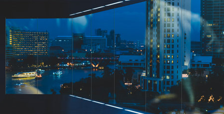 Empty loft unfurnished modern interior office with city skyline and buildings city from glass...