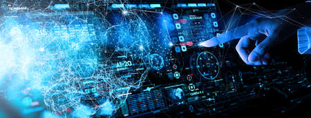 AR and AI concept.Business hand working with cryptocurrency and Ai conputer interface.