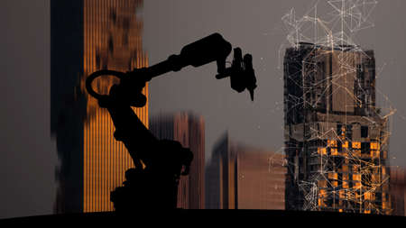 Silhouette of modern automation robot arms with Ai assistant technology network concept and metropolis city building background.の写真素材