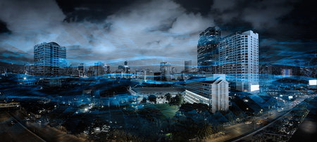 Smart city with Wireless network and Connection technology concept with Abstract Bangkok city...