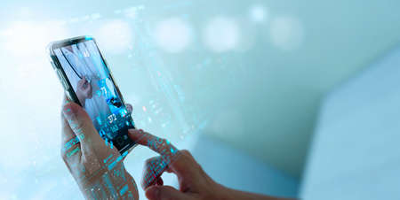 Telemedicine concept,Hand holding smartphone Medical Doctor online communicating the patient on VR...