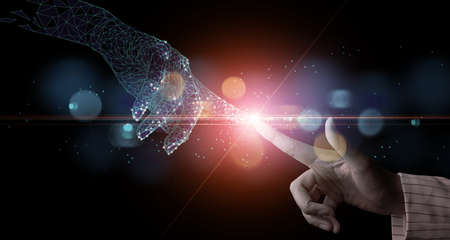 Hand of businesswoman touching hand artificial intelligence meaning technology connection go to futureの写真素材