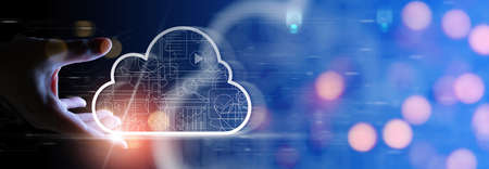Business hand holding icon Ui of Cloud Computing Technology Internet Storage Network Concept.Cloud server data storage for global business network concept.の写真素材