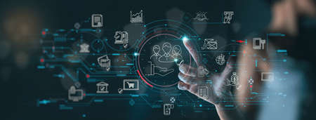 Businesswoman hand working modern computer dashboard vitual innovation insurance online for car, travel, family and life, financial and health insurance. Insurance concept.の写真素材