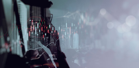 Double exposure of graph growth of financial and economic,Businesswoman using smartphone chart of...