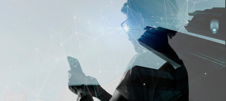 5G smart wireless digital city and double exposure of Young woman calling with smart phone.Mobile...