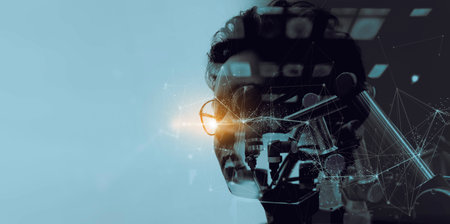 Double explosure of Factory Female Industrial manager Engineer looking at innovation automation robot arms machine in factory industrial on real time monitoring virtual system software.の写真素材