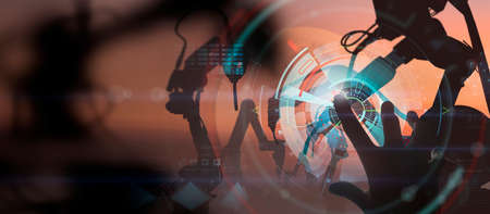 Engineer hand working dashboard AI Robot arm analyzing mathematics for automated manufacturing process.Concept of robotics technology and machine learning or mechanized industry problem solving.の写真素材