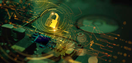 Cyber security.Digital padlock icon,Cyber security technology network and data protection technology on virtual dasboard.Online internet authorized access against cyber attack and privacy business data concept.の写真素材