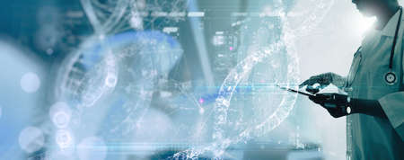 Medical technology and futuristic concept.Medicine doctor touching electronic medical record on tablet. DNA. Digital network connection and healthcare hologram modern virtual screen interface.の写真素材