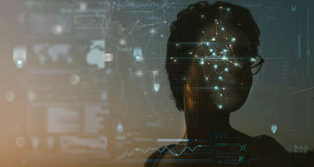 Cyber security Face Detection.Facial Recognition System concept Future Technological 3d Scanning.Biometric Facial Recognition. Face Id. Technological Scanning Of The Face Of Woman.の写真素材