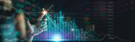 Businesswoman touching arrow graph growth analysing data to increase sales and revenue profit to...