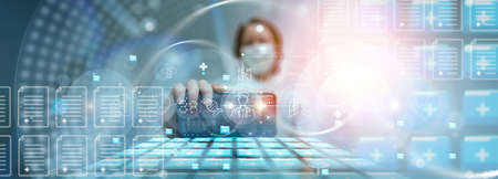 Doctor in hospital with smart phone working digital medical folder document icons medicine, medicals care people, emergency service network, doctor data of patient health,Telemedicine Medical Healthcare Conceptの写真素材